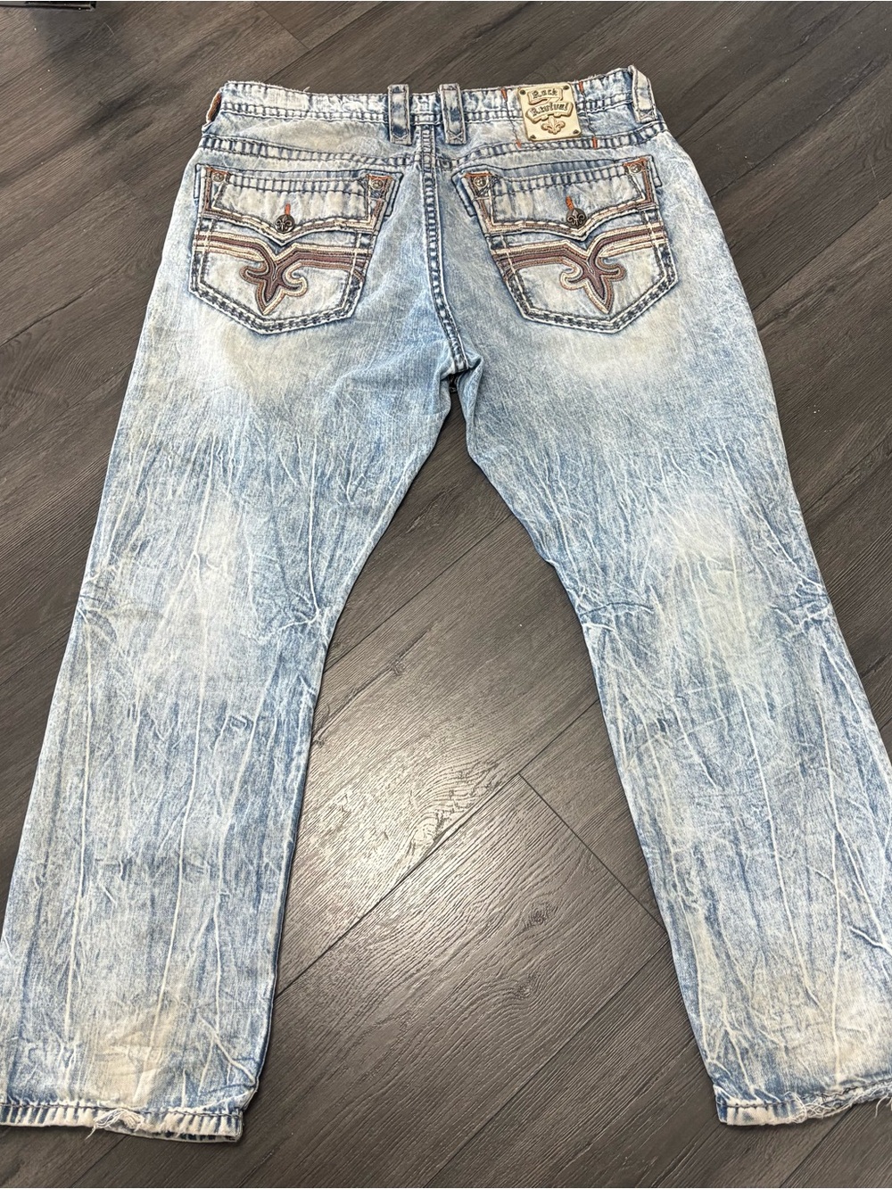 Rock Revival Jeans Mens 36x31 Howel Relaxed St17 Denim Blue Leather Inserts